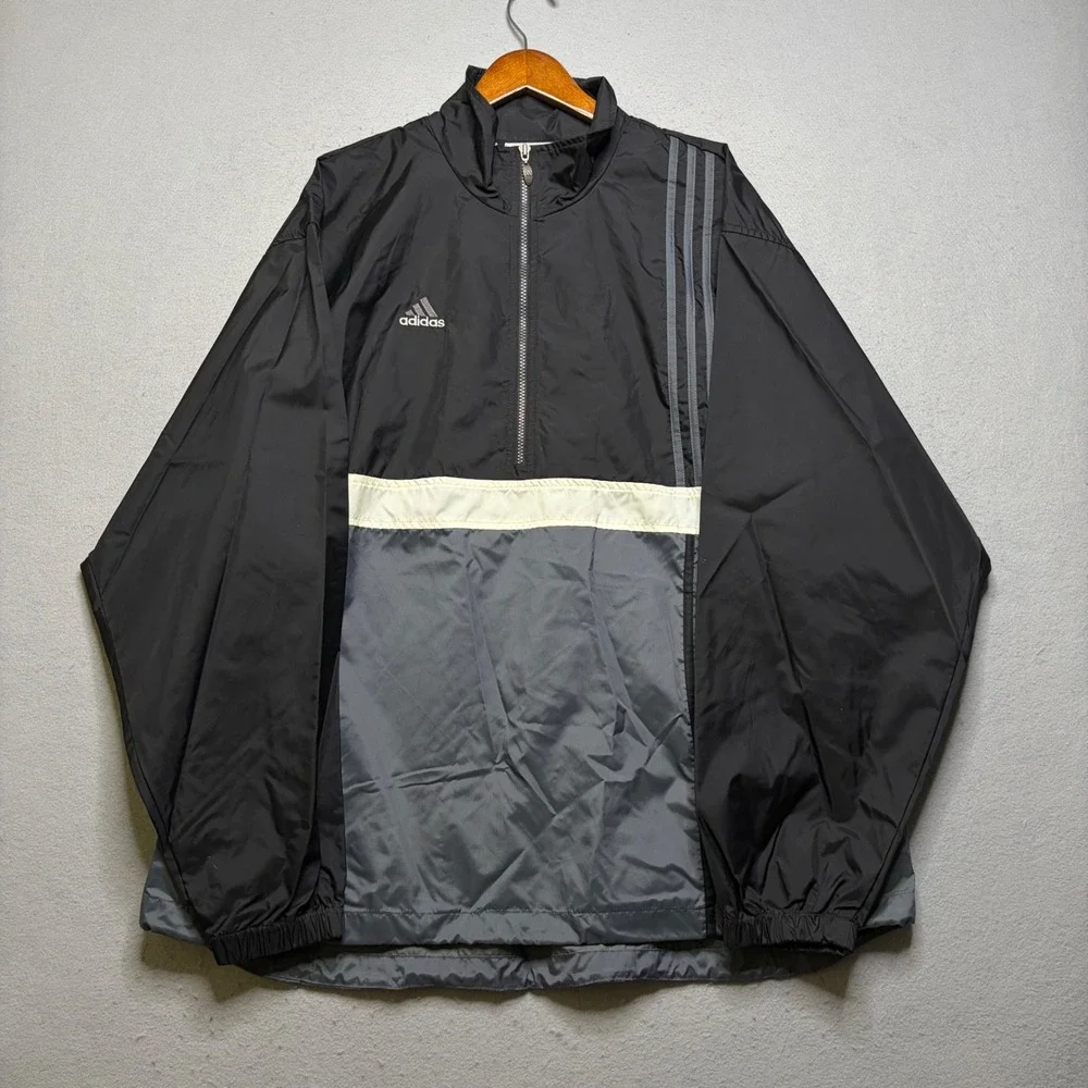 Adidas Windbreaker Jacket Mens XL Black Grey Vintage 90s Half Zip Pullover Logo